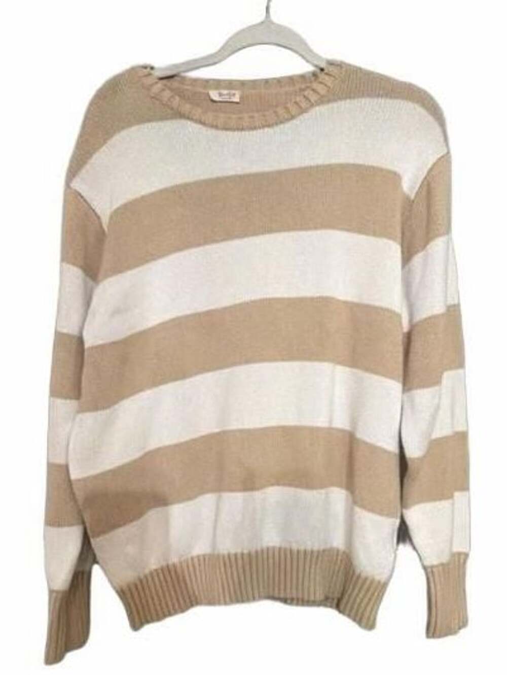 John Galt Striped Sweater Beige White Crew Neck Long Sleeve